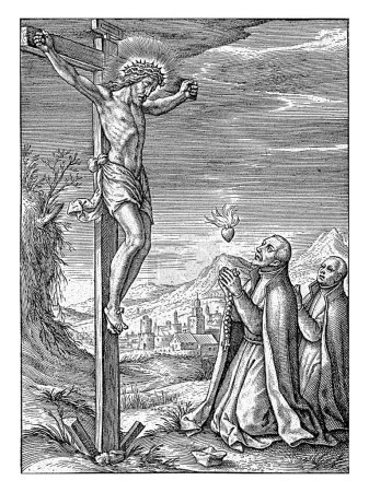 Foto de Cristo crucificado Adorado por Franciscus Xavier y Stanislaus Kostka, Hieronymus Wierix, 1563 - antes de 1619 Cristo cuelga en la cruz. - Imagen libre de derechos