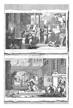 Téléchargez les photos : Expulsion d'Agar et Ismaël et retour du fils prodigue, Pieter van den Berge, d'après Gérard de Lairesse, 1694-1737 Une estampe avec deux scènes l'une au-dessous de l'autre. - en image libre de droit