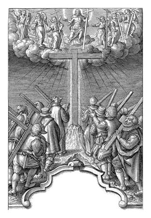 Photo for Followers of Christ, Hieronymus Wierix, 1563 - 1619 A procession of men, each with a cross on their back, walks towards the cross that stands on a hill. Christ is enthroned above the cross in heaven. - Royalty Free Image