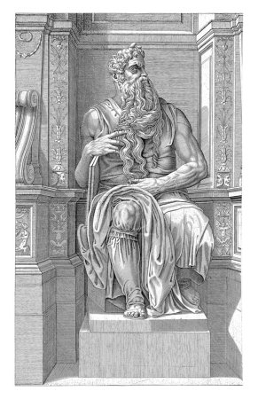 Image of the statue of Moses sitting with the tablets of the law. The statue stands on a pedestal in a richly ornamented niche. On the pedestal a text in Latin.