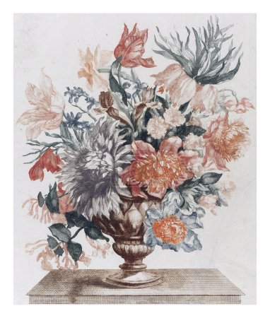 Téléchargez les photos : Vase en pierre avec des fleurs sur un plateau, anonyme, d'après Jean Baptiste Monnoyer, 1688-1698, gravé vintage. - en image libre de droit