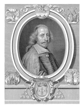 Portrait of Cardinal Jules Mazarin. Below the portrait are coat of arms surmounted by a bishop's hat with twelve tassels. Above the portrait and in the corners emblems with mottos.