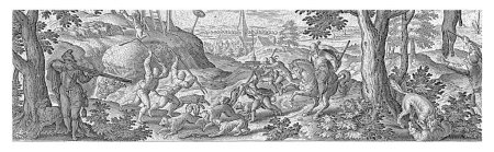 Foto de Los perros cazadores cazan lobos que luego son asesinados por cazadores con lanzas y palos. La impresión tiene un título en latín y forma parte de una serie de 54 grabados. - Imagen libre de derechos