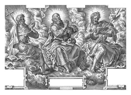 Photo for The apostles Philip, Bartholomew and Matthew with a halo around their heads, seated among the clouds with their attributes, respectively cross, knife and halberd. - Royalty Free Image