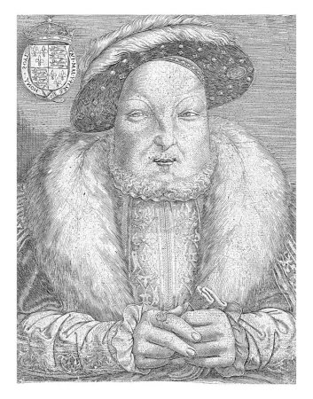 Téléchargez les photos : Portrait d'Henri VIII, roi d'Angleterre et d'Irlande, portant une paire de gants. En haut à gauche sont ses armoiries. - en image libre de droit