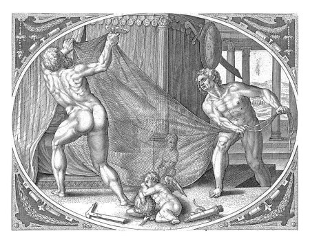 Téléchargez les photos : Vulcain accroche un filet de fer au-dessus du lit, Jan Collaert (II), d'après Philips Galle, 1576 - 1628 Cadre ovale avec Vulcain et Hélios accrochant un filet de fer au-dessus du lit des amants Mars et Vénus. - en image libre de droit