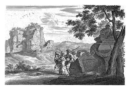 Photo for Holy Family on foot fleeing into Egypt, Cornelis Galle (II), 1638 - 1678 Mary and Joseph and the Christ Child walk through a landscape with Roman ruins on their way to Egypt. - Royalty Free Image