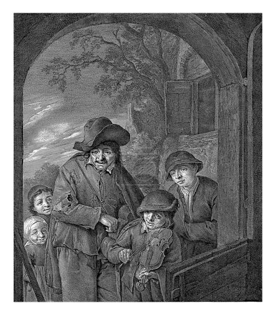 A beggar's family makes music at a doorway. A boy plays the violin and a man in torn clothes plays his hurdy-gurdy.