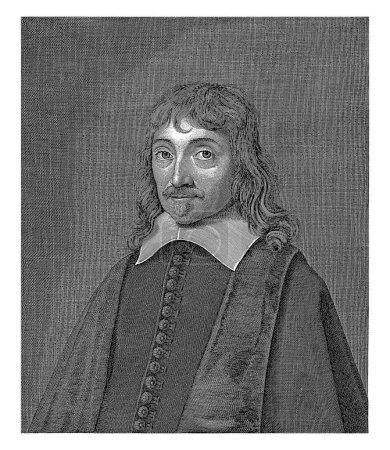 Téléchargez les photos : Buste du philosophe René Descartes. Dans la marge trois lignes de texte latin avec des faits de sa vie. - en image libre de droit