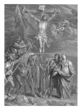 Christus am Kreuz mit Maria, Johannes, Maria Magdalena und Soldaten. Am unteren Rand befindet sich ein Fragment aus dem Bibeltext Johannes 19.