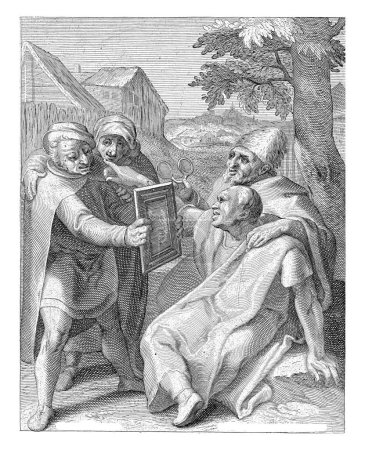 Téléchargez les photos : Améliorez le monde, commencez par vous-même, Nicolaas Braeu, d'après Karel van Mander (I), vers 1608 - vers 1666 Un homme est assis sous un arbre ; à côté de lui un homme tenant des lunettes dans sa main. - en image libre de droit