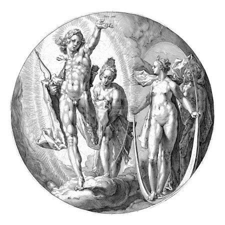 Der vierte Schöpfungstag, an dem Sonne und Mond erschaffen wurden und die Trennung zwischen Tag und Nacht erfolgte. Die Sonne wird von Apollo als Sonnengott mit Pfeil und Bogen dargestellt..