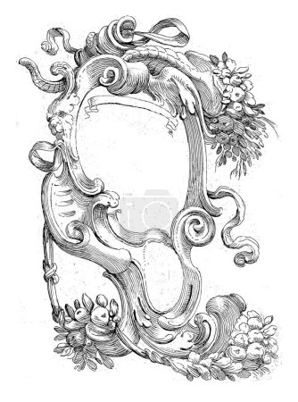 Cartouche with mask, garlands and a cornucopia.