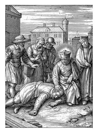 Foto de Curación milagrosa por Ignacio de Loyola de un hombre con epilepsia, Hieronymus Wierix, 1611 - 1615 Ignacio de Loyola cura a un hombre que ha tenido una convulsión epiléptica y está acostado en el suelo. - Imagen libre de derechos