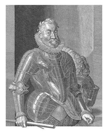 Rudolf II., Kaiser des Heiligen Römischen Reiches in Rüstung, am Tisch stehend. In seiner rechten Hand ein Stab, in seiner linken ein Schwert. Mit lateinischer Widmung an den Kaiser unter dem Porträt.