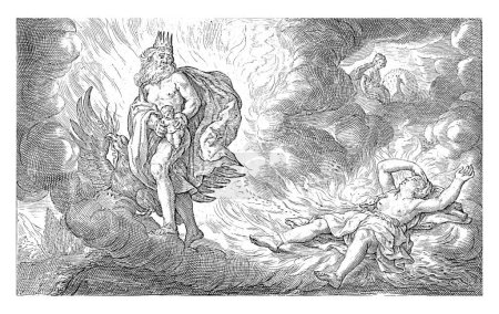 Foto de Júpiter con corona en la cabeza y junto a él su atributo el águila, huye de la madre de Baco, Semele, que es consumida por el rayo de Júpiter. - Imagen libre de derechos