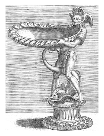 Schale, geformt durch den Unterkiefer eines Mannes mit Satyrkopf, Balthazar van den Bos, nach Cornelis Floris (II), 1548 Die Schale ruht auf dem Schwanz eines Fisches, der zwischen den Beinen des Mannes liegt.