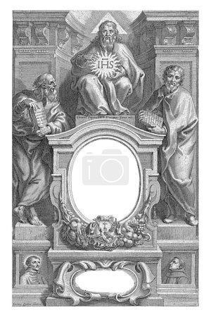 Photo for Christ with Antiquitas and Novitas, Cornelis Galle (I), after Erasmus Quellinus (II), 1680 Christ enthroned on a pedestal. He points with his hand at a burning IHS symbol. On either side of him are two men: Antiquitas and Novitas. - Royalty Free Image