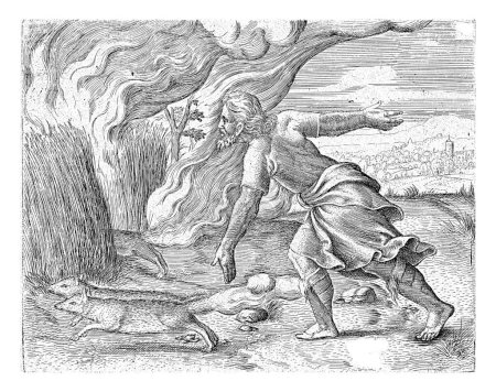 Foto de Sansón prende fuego a los campos de maíz de los filisteos, Cornelis Massijs, 1562 Sansón prende fuego a los campos de maíz de los filisteos atando zorros de dos en dos con sus colas juntas. - Imagen libre de derechos
