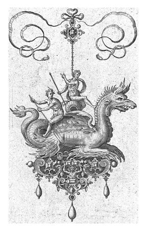 On the back of the sea dragon are a man with a trident and a man with an oar. One of 7 partly numbered sheets from a series of 10 sheets with pendants.