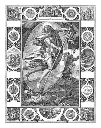 Foto de Cristo de pie en el borde de una tumba con un estandarte en sus manos, con el que empuja a un animal demoníaco a la tierra. - Imagen libre de derechos