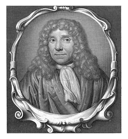 Téléchargez les photos : Portrait d'Antonie van Leeuwenhoek, Abraham de Blois, d'après Jan Verkolje (I), 1679 - 1717 Portrait d'Antonie van Leeuwenhoek, buste en cadre ovale avec ornement en lobe. - en image libre de droit
