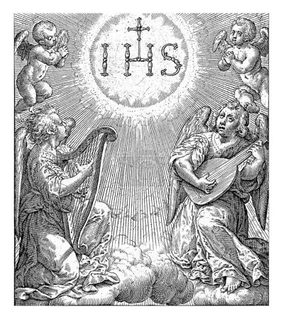 Anbetung des Namens Christi, Hieronymus Wierix, 1563 - vor 1619 Vier Engel, von denen zwei Musiker sind, beten das jesuitische Monogramm IHS mit einem Kreuz darüber an..