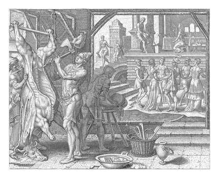 Photo for The fattened calf is slaughtered, Philips Galle, after Maarten van Heemskerck, 1596 - 1633 In honor of the return of the prodigal son, a fattened calf is slaughtered. - Royalty Free Image