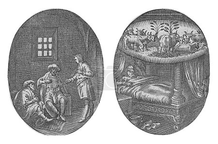Foto de José en la cárcel interpreta los sueños del copero y panadero del rey. A la derecha el faraón durmiendo en su cama. Sobre su cama hay siete vacas en la orilla del Nile.Hans Janssen, 1615 - 1651 - Imagen libre de derechos