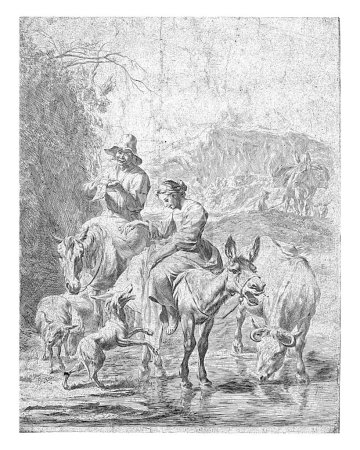 Foto de Pastora en burro y pastor a caballo cruzando un arroyo, Nicolaes Pietersz. Berchem, 1652 - 1666, grabado vintage. - Imagen libre de derechos