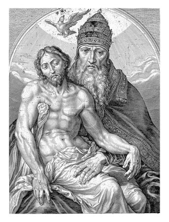 Photo for Holy Trinity, Jacob Matham, after Maarten van Heemskerck, 1602 God the Father with a tiara on his head, with Christ on his lap with the stigmata. Above them the Holy Spirit in the form of a dove. - Royalty Free Image