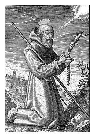 Landscape with St. Francis de Paola, Hieronymus Wierix, 1563 - before 1619 St. Francis de Paola is kneeling before an open book, holding a crucifix and a rosary in his folded hands.