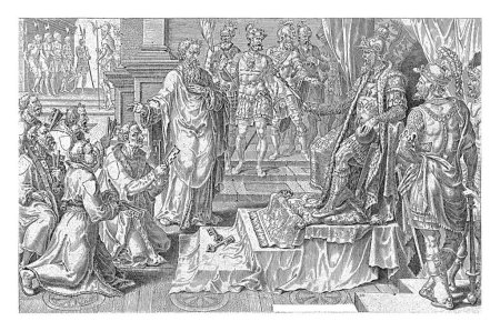 Foto de Seis ciudades alemanas se someten a Carlos V en 1547 después de la batalla de Muhlberg. Los líderes de las ciudades se arrodillan ante el trono de Carlos V. En sus manos las llaves de su ciudad. - Imagen libre de derechos