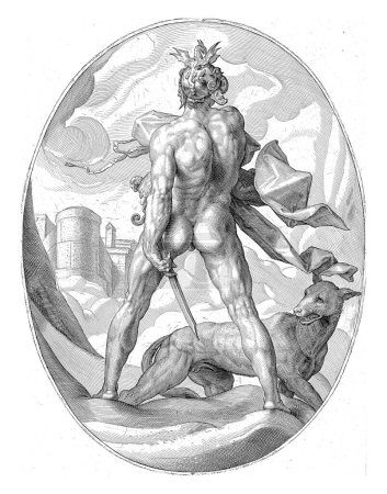 Mars über den Wolken, Jacob Matham (zugeschrieben), nach Hendrick Goltzius, 1599 - 1603 Mars, stehend und von hinten gesehen, auf den Wolken, mit Schwert und Helm. Ein Hund neben ihm.