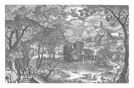 Téléchargez les photos : Rebekka et Eliezer au puits d'eau, Jan van Londerseel, d'après David Vinckboons (I), 1601 - 1652 Paysage de montagne avec un château entouré d'eau au loin. - en image libre de droit