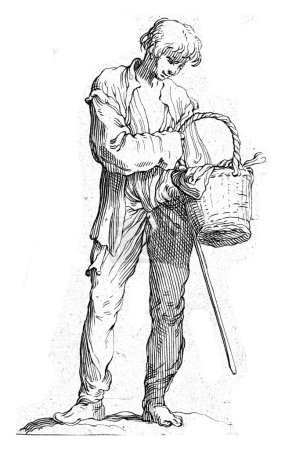 Foto de Joven granjero, Frederick Bloemaert, después de Abraham Bloemaert, después de 1635 - 1669 Joven con un palo que saca algo de una canasta con su mano izquierda. - Imagen libre de derechos