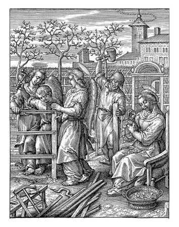 Foto de Cristo Niño construye una valla, Hieronymus Wierix, 1563 - antes de 1619 Ayudado por dos ángeles, el Niño Cristo construye una valla. Trabaja en el jardín con su padre José. - Imagen libre de derechos