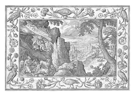 Téléchargez les photos : Paysage de colline. Au premier plan une grotte avec des lions, avec Daniel au milieu. La scène est montrée au prophète Habacuc par un ange, qui le tient avec ses cheveux. - en image libre de droit