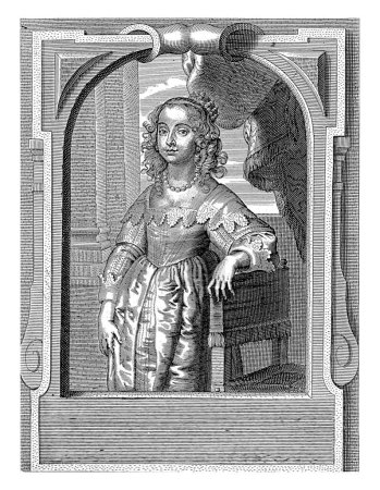 Porträt von Maria Henrietta Stuart, Pieter de Jode (II), nach Anthony van Dyck, ca. 1628 - ca. 1670 Porträt von Maria Henrietta unter einem verzierten Riegel.