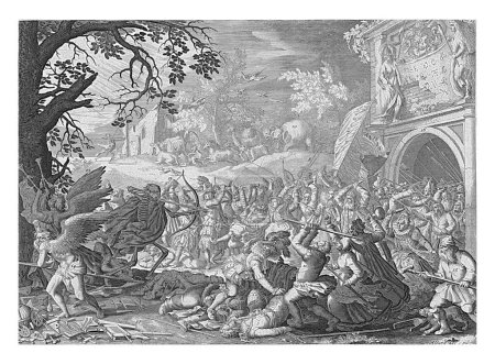 Téléchargez les photos : La mort combat l'humanité, Boetius Adamsz. Bolswert, d'après David Vinckboons (I), 1707 - 1708 Représentation allégorique. La mort tire sa flèche sur une foule armée de jeunes et de vieux. - en image libre de droit