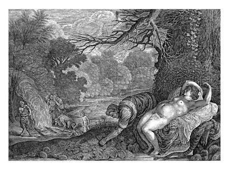 Téléchargez les photos : Cephalus et Procris, Magdalena van de Passe, d'après Adam Elsheimer, 1617-1634 Paysage forestier avec Cephalus qui a accidentellement tiré sur sa femme Procris pendant la chasse. - en image libre de droit