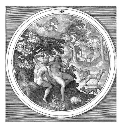 Adán y Eva se esconden de Dios, Nicolás de Bruyn, después de Maerten de Vos, 1581 - 1656 Adán y Eva se esconden de Dios avergonzados por su desnudez.