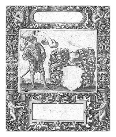 Téléchargez les photos : Cadre avec un cartouche allongé avec des côtés arrondis au centre supérieur, Theodor de Bry, 1593 Cartouche rectangulaire au centre inférieur. En haut à gauche et en haut à droite est un singe ailé. - en image libre de droit