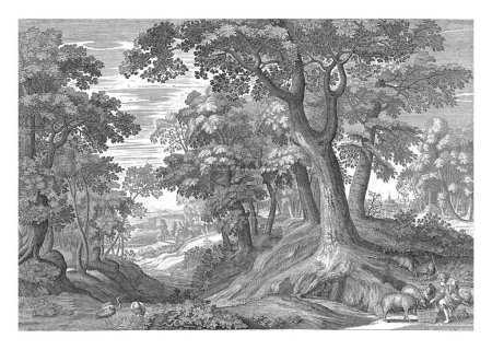 Dans un paysage boisé, au premier plan à droite, le fils prodigue s'agenouille à la mangeoire des porcs. Avant gauche deux oiseaux. Une ville au loin à l'extrême droite.