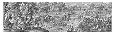 Foto de Un río con pescadores. Vacían trampas y arrastran en las líneas de pesca. La impresión tiene un título en latín y forma parte de una serie de 54 grabados. - Imagen libre de derechos