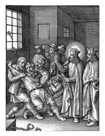 Photo for Ignatius of Loyola performs a devil's incantation, Hieronymus Wierix, 1611 - 1615 Ignatius of Loyola expels the devil's spirits from a man. The man is restrained by two other men. - Royalty Free Image
