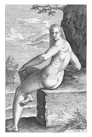 Foto de La ninfa del agua Padusa, Philips Galle, 1587 La ninfa del agua Padusa (el río Po), sentada en un bloque de piedra. La impresión es parte de una serie de diecisiete partes sobre las ninfas de arroyo y agua. - Imagen libre de derechos