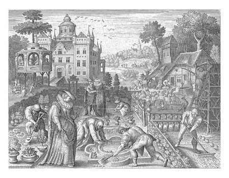 Frühling, Nicolaes de Bruyn, nach Maerten de Vos, 1581 - 1656 Burggarten mit Frühlingsaktivitäten: Rückschnitt und Harken im Garten und Schafschur im Hof.