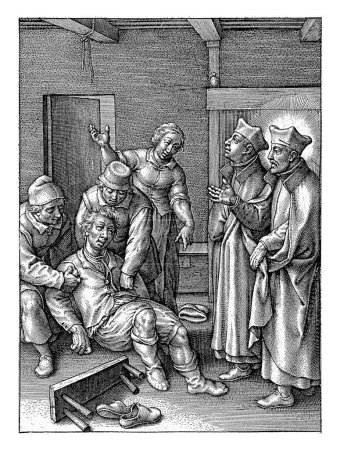 Photo for Miraculous Healing by Ignatius of Loyola of a Man Who Hanged Himself, Hieronymus Wierix, 1611 - 1615 Ignatius of Loyola heals a man who hanged himself in a room. - Royalty Free Image