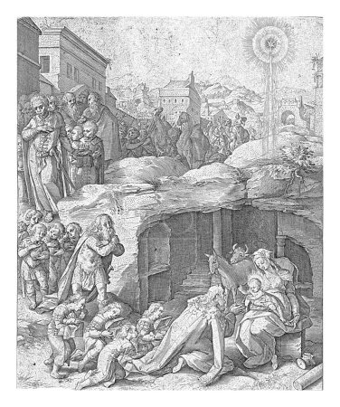 Photo for Mary is sitting in front of a cave with the Christ Child on her lap. The procession consisting of the kings and their retinue passes through a city gate behind. In the margin below the print eight lines of Latin. - Royalty Free Image
